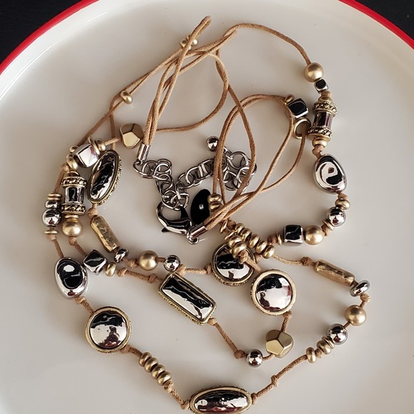 Chico's Three Strand Silver Tone Hammered Beads with Gold Accents on Tan Cord - Picture 8 of 10